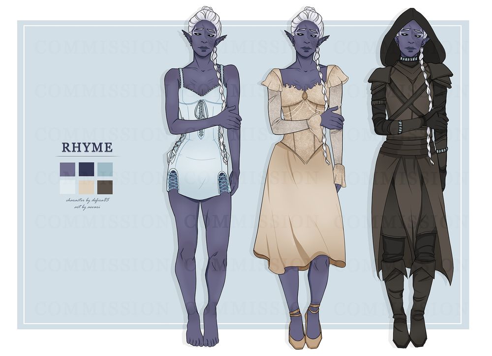 A character reference chart for Ryme'dra Ulutar, also known as Rhyme. There is a colour palette in the first quarter. In the second quarter Rhyme stands in her underwear, a pale blue slip with darker blue ribbons. In the third quarter she wears her wedding dress, a creamy yellow knee length dress with lace sleeves and pearls on the bodice. In the fourth quarter she wears her infernal armour designed to keep her frozen, with glowing infernal glyphs on the neckline and wrists.
