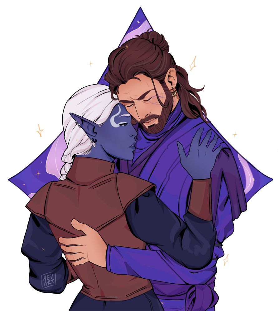A tender embrace between Gale Dekarios, a male human wizard, and Ryme'dra Ulutar, a drow woman with dark purple skin. Gale has dark brown hair tied back messily in a bun, with a gold earring shaped like the symbol of Mystra. There are faint purple lines of corruption running from his left eye down his neck. Ryme'dra has white hair tied back in a braid and has dark eyes with black sclera and silver-white irises. There is a white brand in the shape of devil's horns stamped over her eye. Gale has his eyes closed while Ryme'dra looks out at the viewer