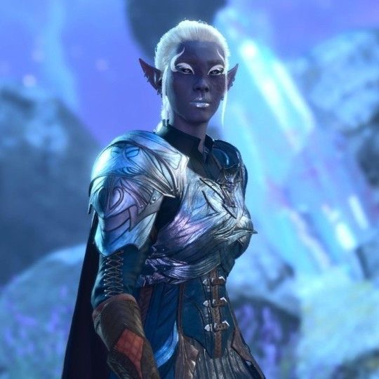 A drow woman with dark purple skin stands facing the viewer. Her long white hair is tied back tight in a braid. She has white brands tattooed onto her face in the shape of devil horns around her eyes. She wears drow armour in silver and blue.
