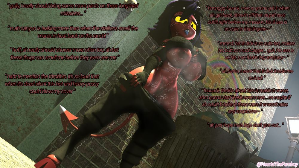 Millie from helluva boss standing in an alley, sweat, musk, and steam coming off her body as she vents her throbbing pussy, also talking about how the mission is taking very long and comparing her situation to things on the farm back home