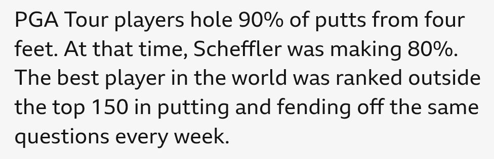 Para from a BBC Sport report, which reads: "PGA Tour players hole 90% of putts from four feet. At that time, Scheffler was making 80%. The best player in the world was ranked outside the top 150 in putting and fending off the same questions every week."

Just imagine being a top sportsman who's so bad at media duties that you're an also-ran in the all-important "fending off the same questions every week" metric. 