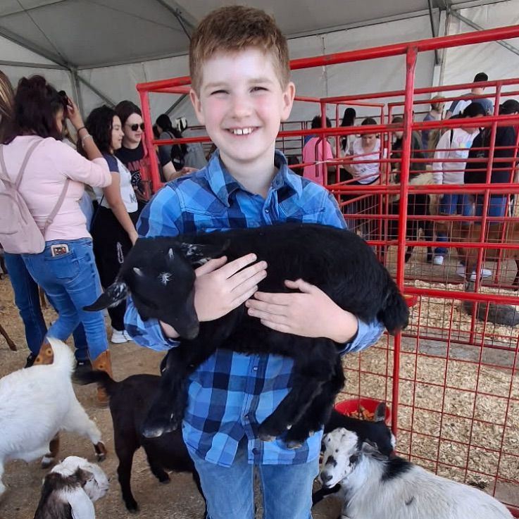Young boy smiling holding a baby goat