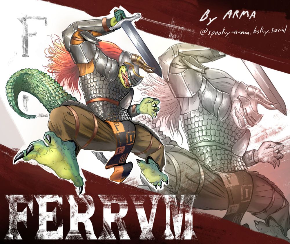 Digital illustration of an original character, an anthropomorphic reptile wearing medieval armor (scale armor on the torso, plate armor on the arms and legs, a helmet with a visor covering much of the face except the mouth, decorated with gold and bronze horns), falling down to strike with his sword