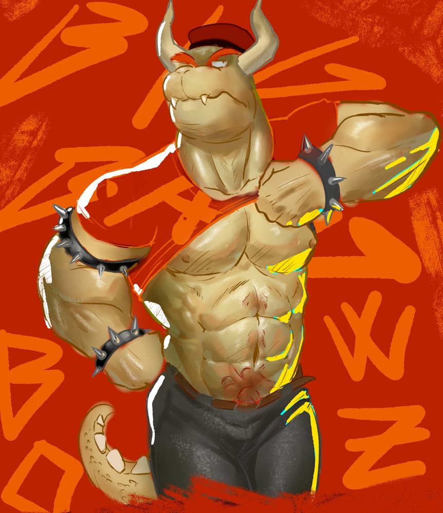 Big and muscular Bowser showing off his abs, 'bit nonchalant about it... apparently.