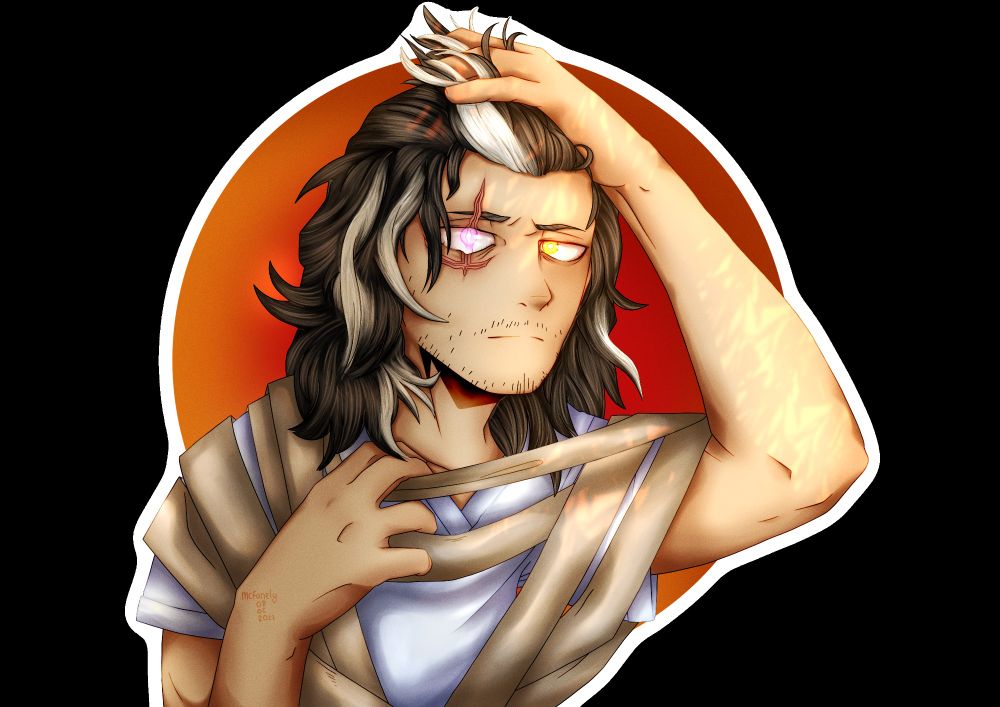Aizawa Shouta, from My Hero Academia, dressed in a hospital gown with his capture scarf around his neck and held by his right hand, his left hand is carding through hair that now had streaks of white through the black. His right eye, as a result of Shigaraki Tomura, is scarred through and the pupil is greyed out and unseeing. 