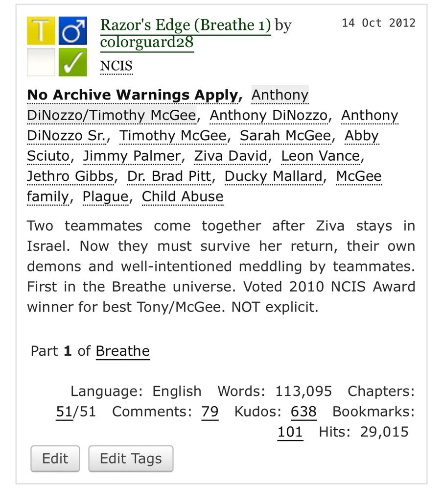 AO3 screenshot of an NCIS FanFiction story called Razor’s Edge. 