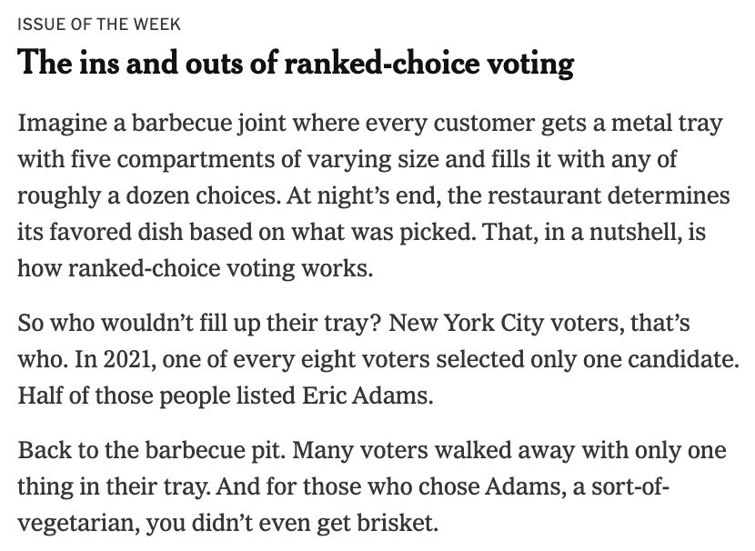 Screenshot of a New York Times article that says: The ins and outs of ranked-choice voting
Imagine a barbecue joint where every customer gets a metal tray with five compartments of varying size and fills it with any of roughly a dozen choices. At night’s end, the restaurant determines its favored dish based on what was picked. That, in a nutshell, is how ranked-choice voting works.

So who wouldn’t fill up their tray? New York City voters, that’s who. In 2021, one of every eight voters selected only one candidate. Half of those people listed Eric Adams.

Back to the barbecue pit. Many voters walked away with only one thing in their tray. And for those who chose Adams, a sort-of-vegetarian, you didn’t even get brisket.