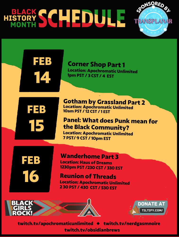 A vibrant flyer showcasing Apochromatic Unlimited's schedule of events celebrating Black history for the 14th, 15th, and 16th.
