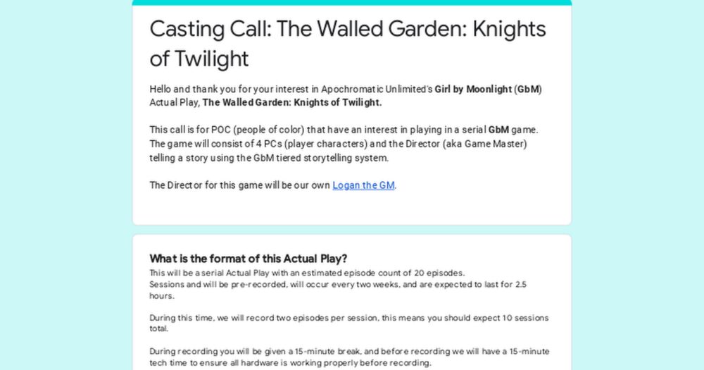 Casting Call: The Walled Garden: Knights of Twilight