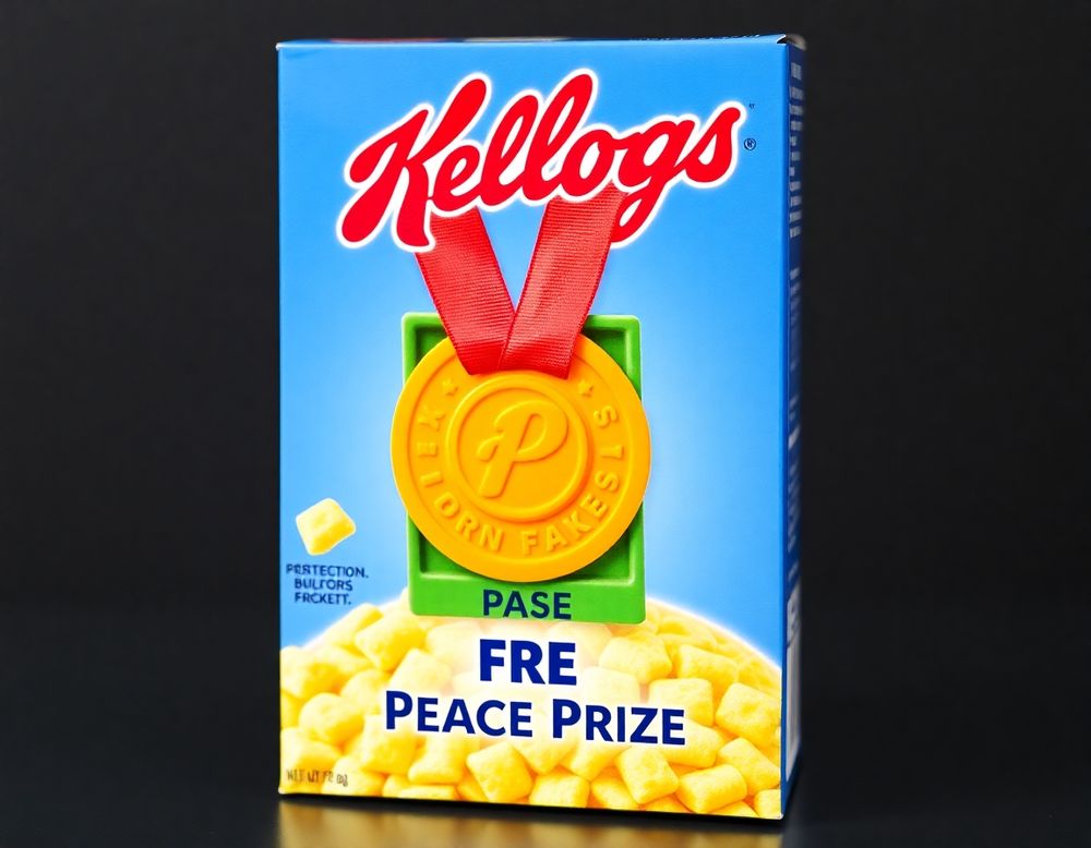AI generated box of Kellogs cereal with a picture on the box of a free orange plastic peace prize medal in a green plastic box. Lots of AI misspellings

Peace=pase
Free=fre
Cornflakes=XIIorn fakesIS