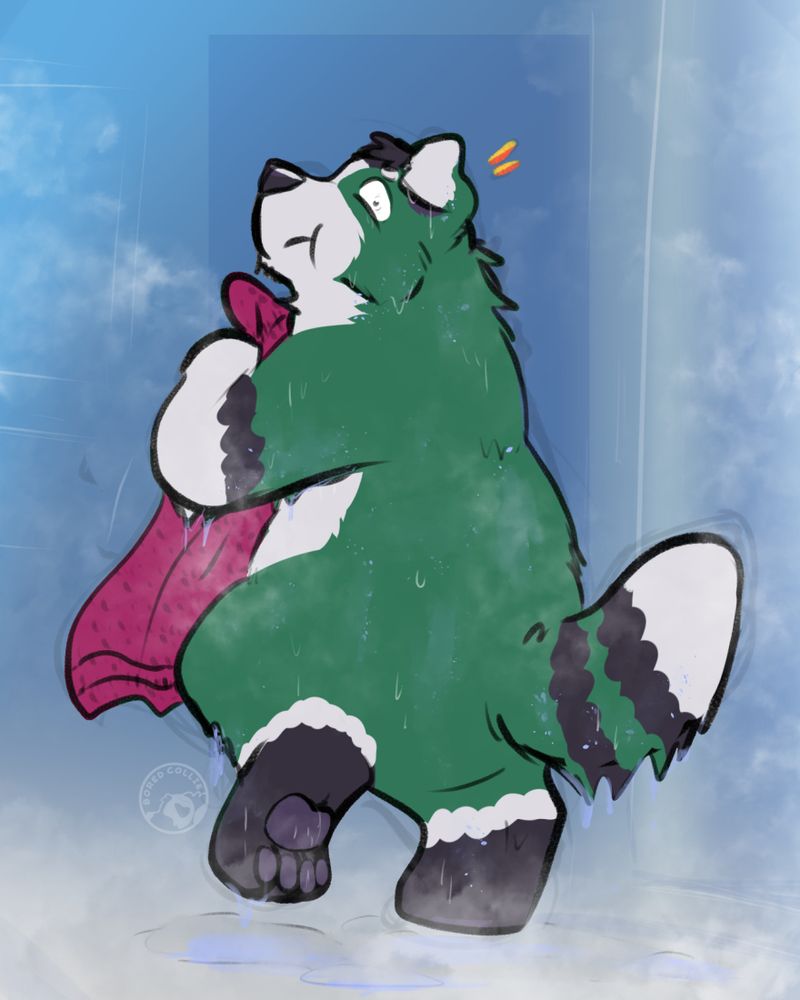 Dumb doodle of my OC being surprised to find someone else (viewer) is in the bathroom room as they finish their shower.