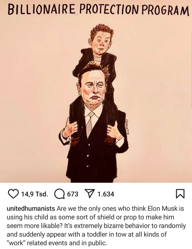 Musk mit seinem Kind auf den Schultern; eine Zeichnung 