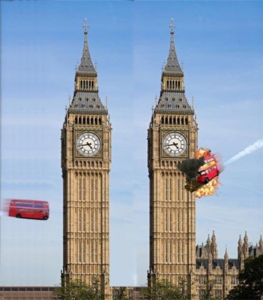 Meme of Two london buses crashing into a doubled big ben which is a clock
