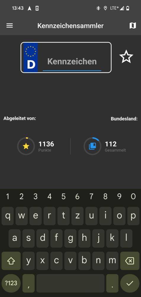 App Kennzeichen Sammler mit 112 gesammelten Kennzeichen.