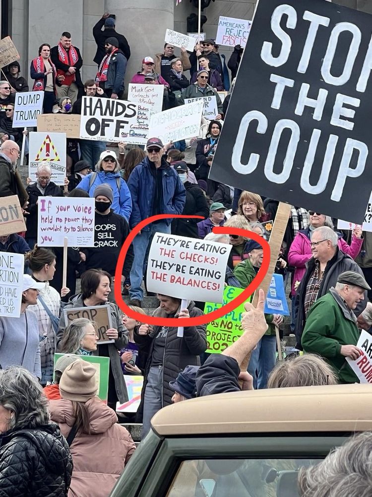 Signs at a protest against Trump administration policies include one clever one that says “They’re eating the checks. They’re eating the balances.”