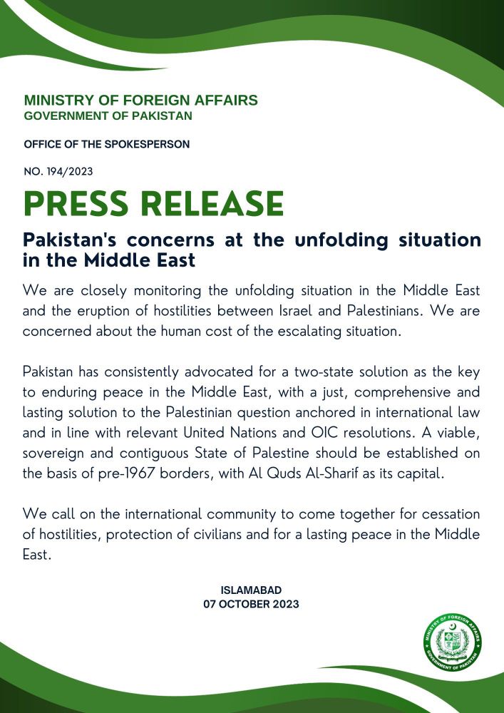 Press release from Ministry of Foreign Affairs Pakistan.