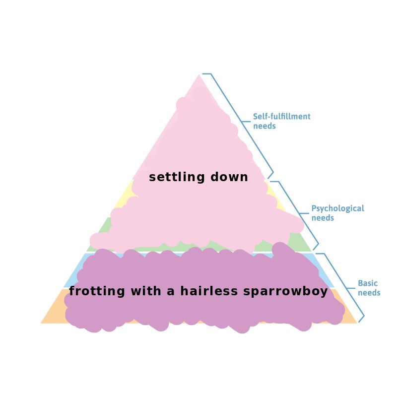 image of a triangle broken into horizontal chunks which are labled from top to bottom: self-fulfillment needs, psychological needs, and basic needs. the triangle has been scribbled over. text written over it says "settling down and frotting with a hairless sparrowboy"