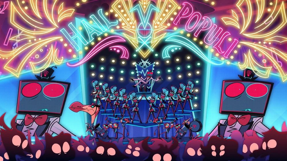 vincent whittman / vox galvanizing public support from his fellow sinner demons in season 2 of hazbin hotel