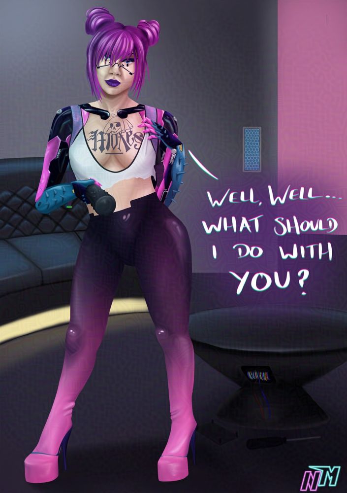 Digital art of Rita Wheeler from Cyberpunk 2077 pointing a bat at the viewer. Text on the piece says 'Well, well... What should I do with you?' The piece is set in one of the private rooms in Lizzie's Bar.