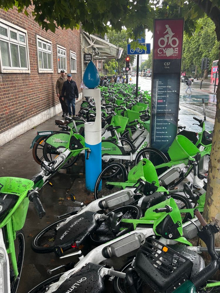 Shows maybe 100 rental bikes parked on a pavement. There is a main road along the side. It is raining. There is a tree canopy over the road 