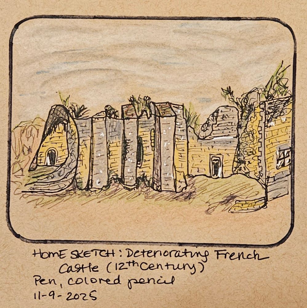 Sketch of deteriorating castle from the 12th century. 