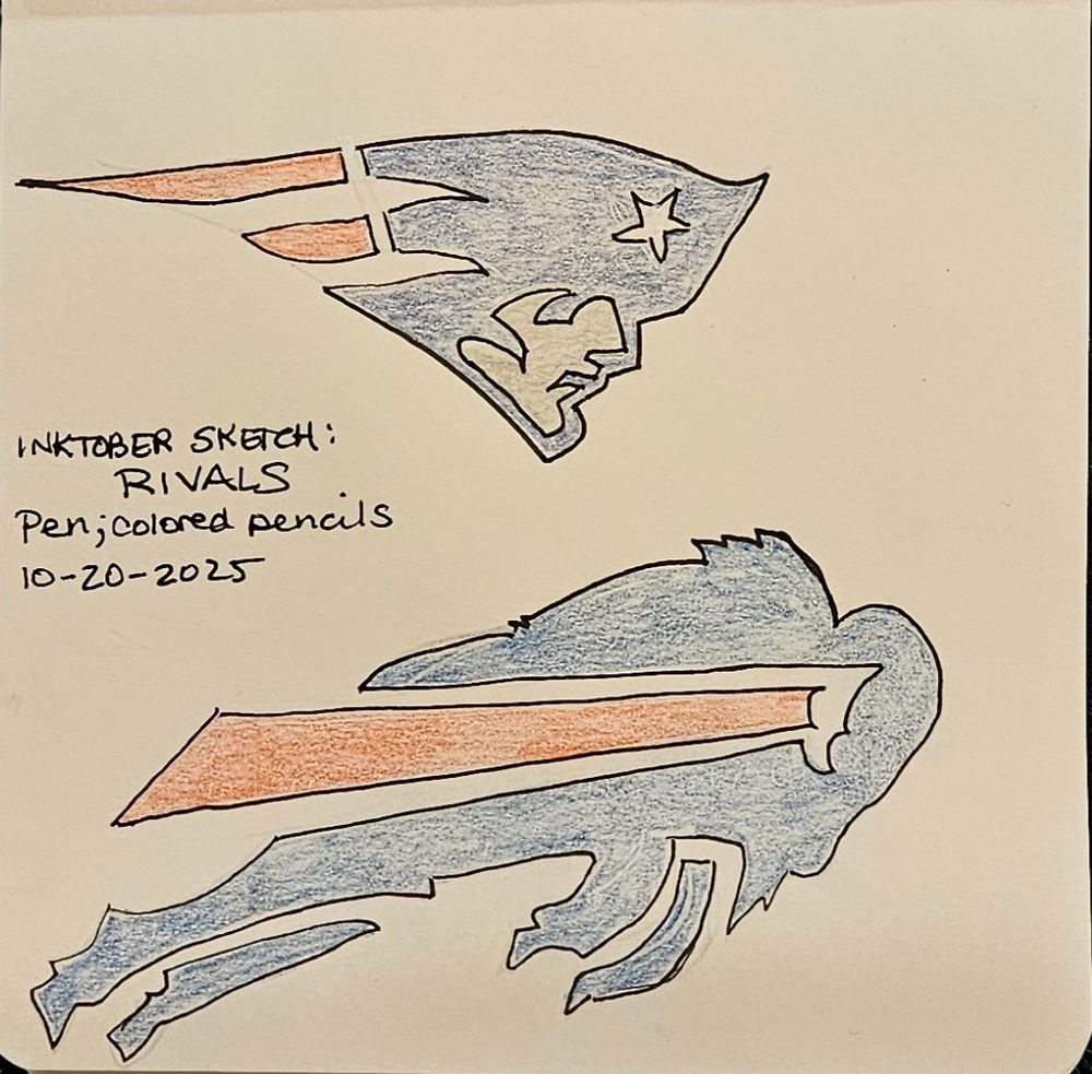 Sketches of New England Patriots' and Buffalo Bills' NFL logos.