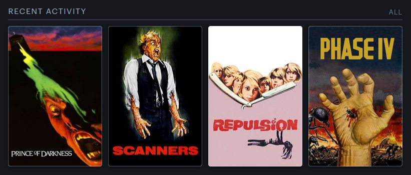 Letterboxd last four watched movie posters: Prince of Darkness, Scanners, Repulsion, Phase IV