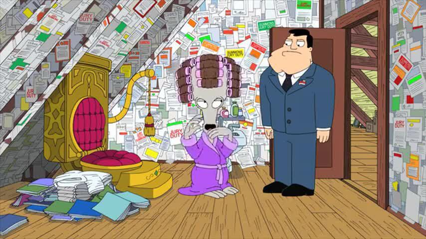 Roger and Stan standing in the attic/bathroom with a fancy toilet