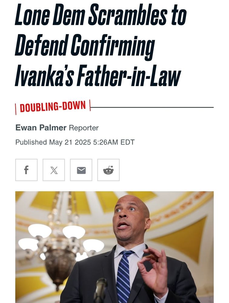 News healdine: Lone Dem Scrambles to Defend Confirming Ivanka’s Father-in-Law. Photo of Corey Booker.
