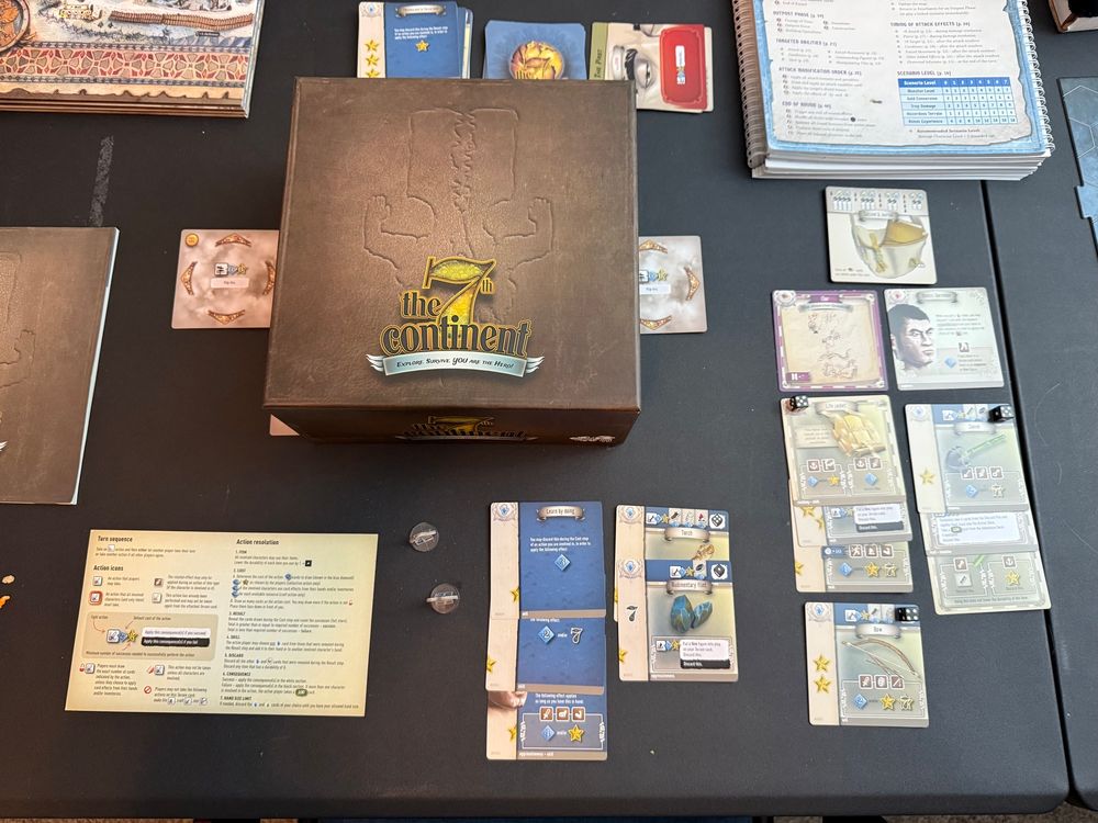Photo of the 7th Continent board game on a table. 