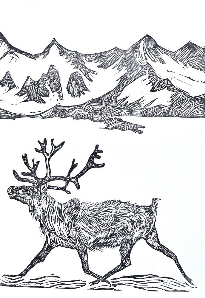 A reindeer in Svalbard, trotting in front of fresh rocks and soil revealed by a retreating glacier and glacial lake
