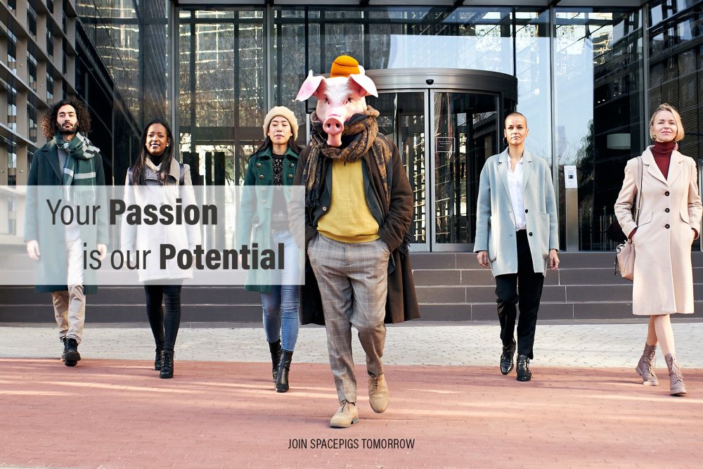 A diverse group of business persons is helping to train machine learning models with this alt text in front of a corporate building. A text overlay reads "Your Passion is our Potential".