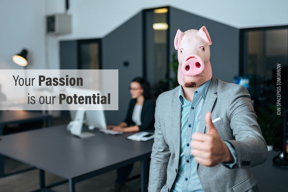 A business person in a business room gives a thumbs up to training machine learning models with this alt text. In the background, another person is trying to figure out python package managers using a home computer. A text overlay claims "Your Passion is our Potential".