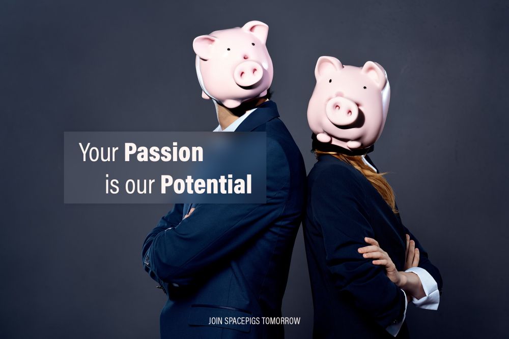 Two business persons standing back to back with a text overlay saying "Your Passion is our Potential". Their heads look like piggy banks.