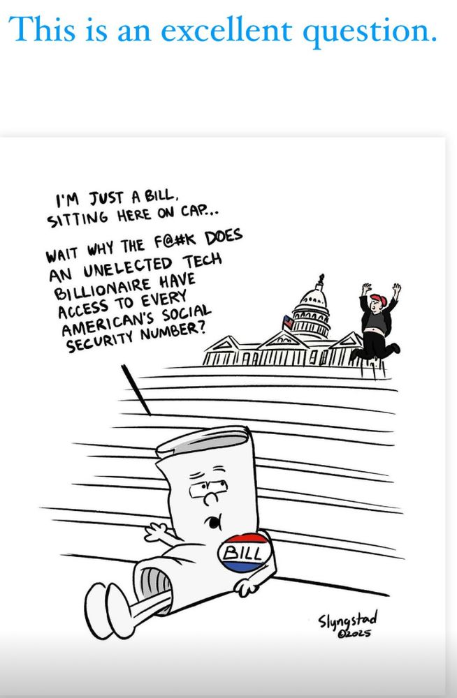 Drawing of the classic Bill from School House Rocks singing his song when it gets interrupted:
I'M JUST A BILL. SITTING HERE ON CAP...

WAIT WHY THE F@#K DOES AN UNELECTED TECH BILLIONAIRE HAVE ACCESS TO EVERY AMERICAN'S SOCIAL SECURITY NUMBER?