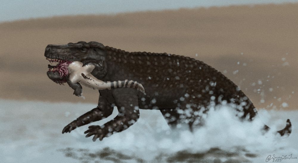 a Razanandrongobe has caught an Andrianavoay amongst the tidal flats of its home. the force of the bite has burst the body wall and the corpse spills entrails as the Razanandrongobe gallops into a more secure area to eat.

Razanandrongobe is a large ziphosuchian pseudosuchian (terrestrial relatives of crocodiles with typically thin cutting teeth) that is only known from a bit of skull material. it would've appeared like a large alligator with a tall skull, turtle-like nose, and shark-like cutting teeth

Andrianavoay is a small machimosaurine thalattosuchian (very marine adapted relatives of crocodiles with thin gharial-like snouts) that lived in the same formation as Razanandrongobe (Isalo III Fm.). it would've appeared vaguely like a small gharial but there's no evidence for a ghara being present on the snout