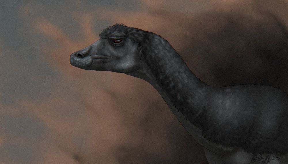 a Mahuidacursor looks to the left of the image, abstract patterns can be seen behind it

Mahuidacursor is a type of elasmarian, mostly basal ornithischians that were bipedal. unlike its relatives, Mahuidacursor was huge probably standing at around 2m at the head. its only known from a few neck vertebra and part of its torso, but based on its relatives we know it probably had a proportionally long neck, long legs, thin arms, and a long tail