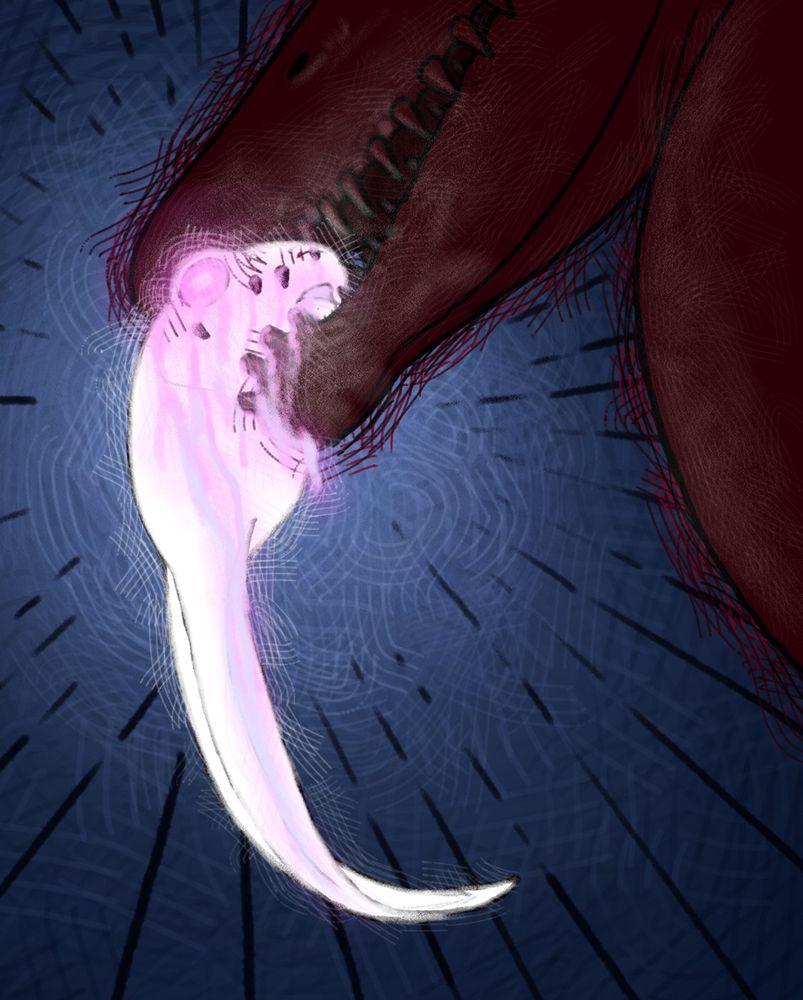 a bright white Notobatrachus tadpole is killed by a dark red spinosaur, it glows and bleeds pink from its eyes, as the blood trickles down it turns to a pastel shade of blue. it was never able to metamorphose.