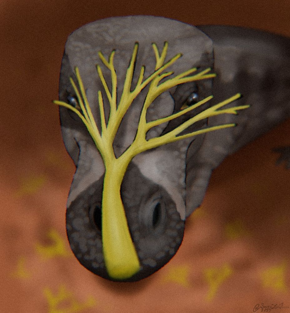 a Cyonosaurus moves its snout very close to the camera, it has an Esterella ginkgo leaf on its snout, the back half of its body is partially shaded by something, it's unclear if that's a cloud or the tree the Esterella leaf came from. other Esterella leaves can be seen scattered around the Cyonosaurus

Cyonosaurus is a small gorgonopsid synapid (carnivorous "mammal-like reptiles" with rectangular heads and saber teeth) that was originally thought to be from the early Triassic, but was later found to be from the late Permian.

Esterella is a ginkgo leaf form genus that appeared like a small bare tree with no flat areas, rather, being composed of branching rounded "stem"-like "internodes"