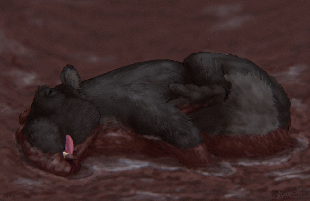a Postschizotherium rolls around in some mud. it sticks it tongue out of its mouth in satisfaction as it uses its back leg to scratch an itch on its arm

Postschizotherium is a large extinct relative of hyraxes that had a large tapir-like trunk and small tusks, they also possessed eyes situated very far away from their skulls giving them a very derpy look