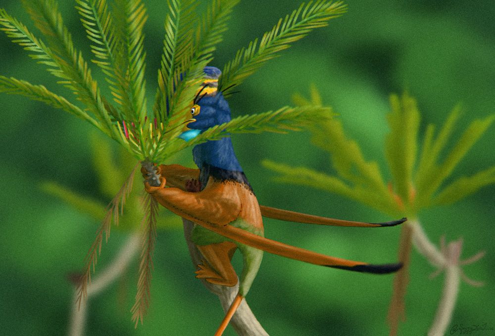 a Kunpengopterus sticks its tongue into a Weltrichia to lap up the sweet nectar within the cup of the flower-like structure, pollinating it in the process. two other bennettitale branches are seen in the back, all the branches are similar to the genus Kimuriella in growth form

Kunpengopterus is an arboreal pterosaur (flying reptiles that flew using a bat-like wings) with a long tail, soft tissue crest, and potentially an opposed "thumb" on its hands

Weltrichia is a male form genus of bennettitalian (flower-like plants). most species were probably wind pollinated, however, some were beetle pollinated, it's possible they could've also been pollinated by animals too. the female form genus counterpart of Weltrichia is Williamsonia, which is known from the Tiaojishan Formation, where Kunpengopterus is from. Weltrichia has been associated with the genus Kimuriella, however, no species are contemporary with Kunpengopterus, so this depiction of a Kimuriella-like whole plant is speculative