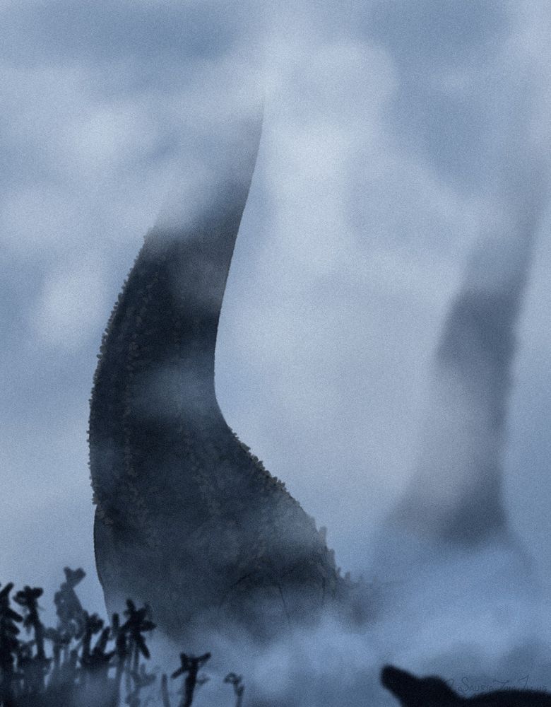 during a foggy morning, two adult Argentinosaurus travel through the thick clouds, one is only barely visible and both have the upper portion of their necks and lower portion of their bodies obscured. they tower over the trees closer to the camera, a carcharodontosaur looks up at the towering giants.

Argentinosaurus is a kind of sauropod dinosaur (typically long necked and usually large quadrupedal reptiles), it's one of a handful of species that are debated to be the largest dinosaur in both size and weight however due to fragmentary material the debate still rages on