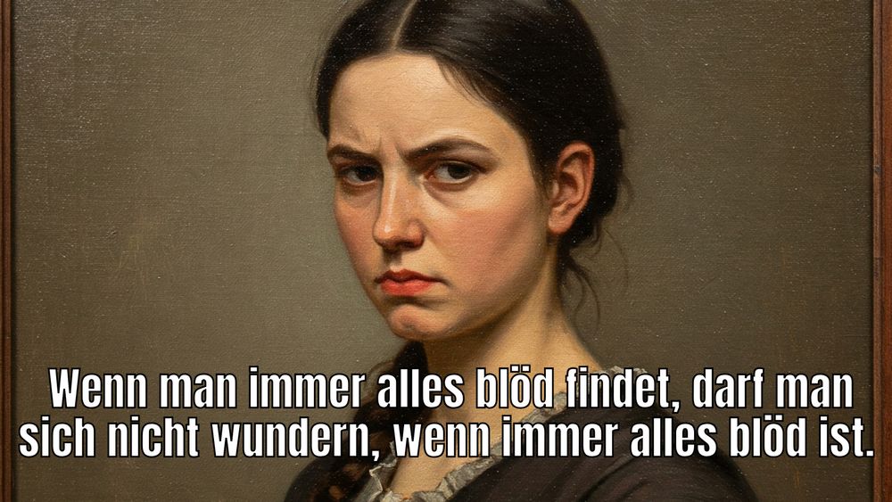 Gemaltes Bild von einer unzufrieden dreinblickenden Frau mit dem Text: "Wenn man immer alles blöd findet, darf man sich nicht wundern, wenn immer alles blöd ist."