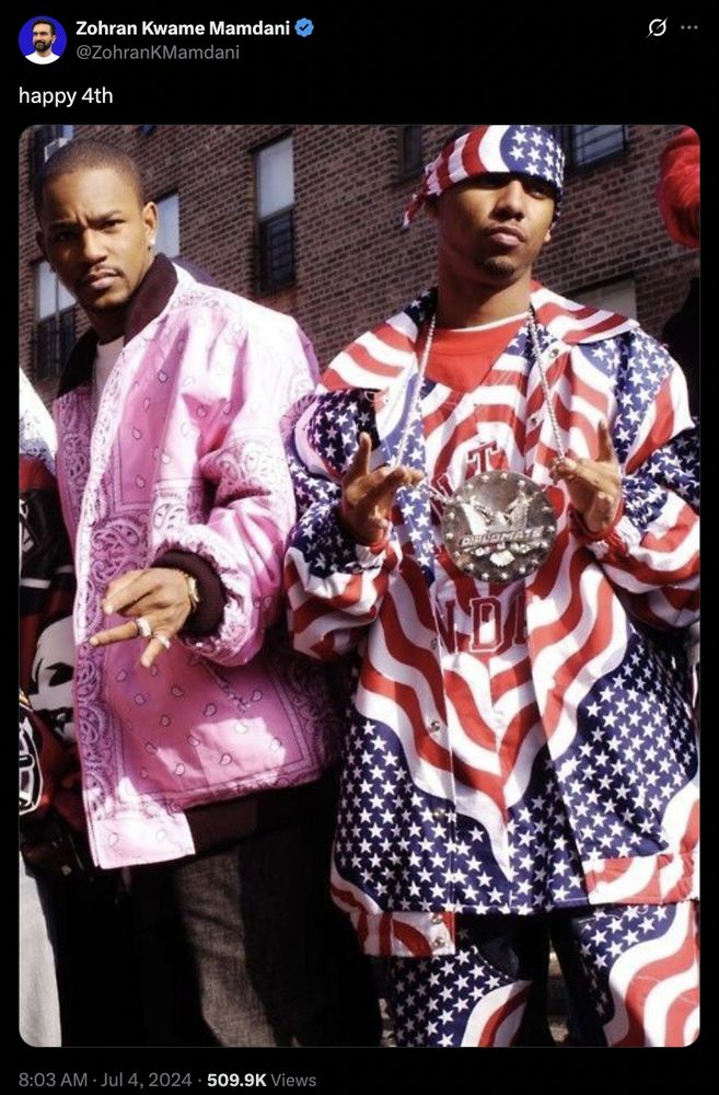 tweets from mamdani that said "happy 4th" with a picture of Juelz Santana decked out in a full american flag suit.