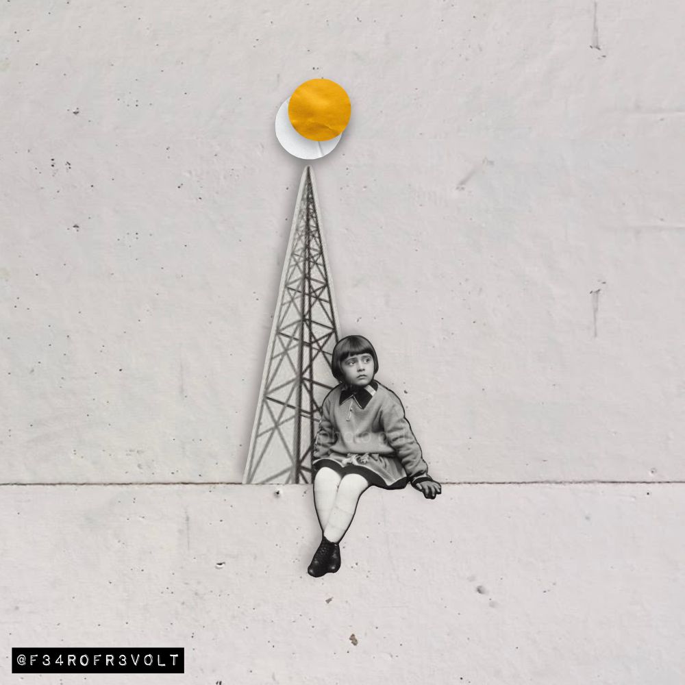 A girl sitting on a line with a telephone mast behind her sending signals