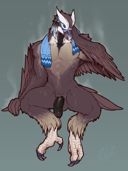 Kaenth, an anthro cinereous vulture poses nude with a blue towel draped around his neck. He appears steamy and sweaty, as if he's relaxing in a sauna.