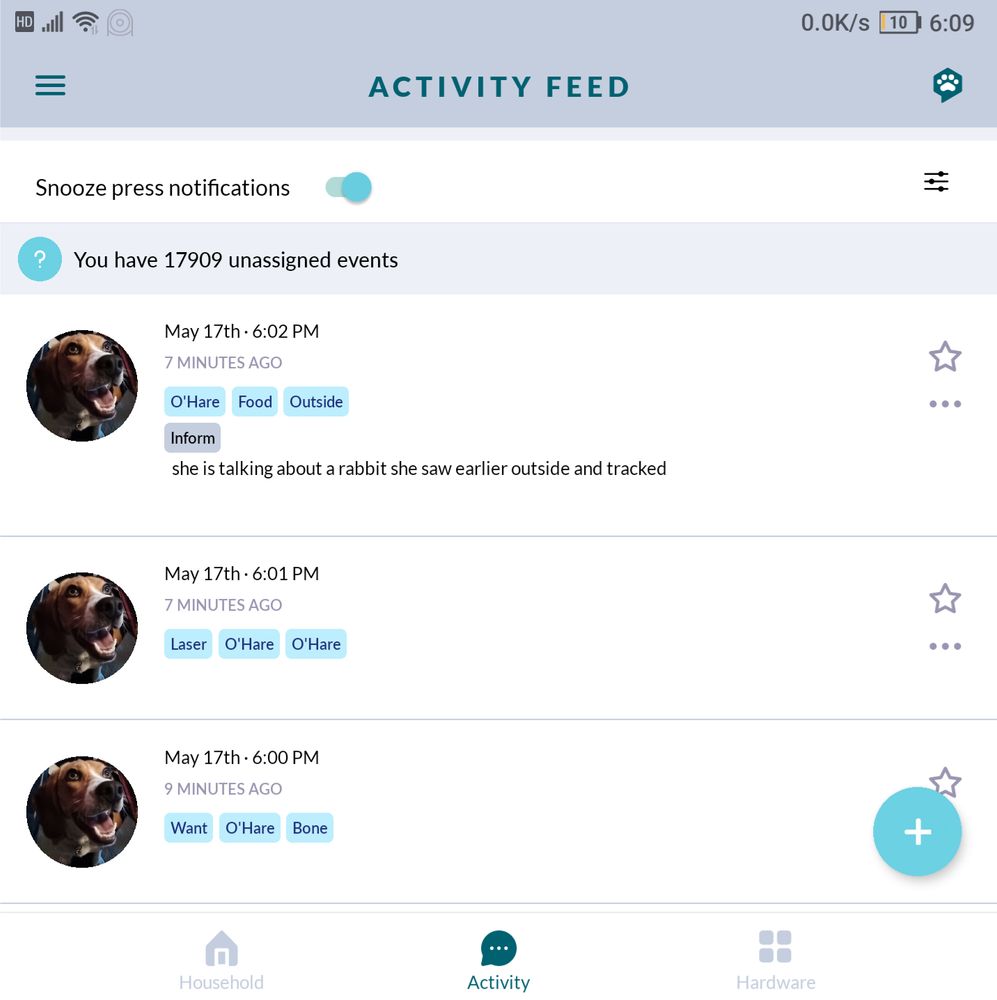 bell pressing, chronologically:
- want o'hare bone
- laser o'hare o'hare
- o'hare food outside

with the last entry having the note 'she is talking about a rabbit she saw earlier outside and tracked'