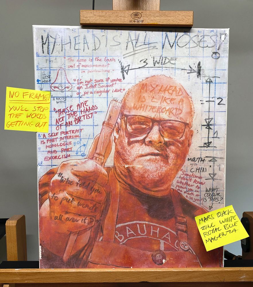 A self portrait of a fat, bald man in orange pen, wearing a Bauhaus anniversary T shirt under a painter's apron. He's holding up a paintbrush to measure his own features. The words "my head is like a whiteboard" are drawn across his forehead in red pen. Behind him are various measurements and comments scribbled on the whiteboard meant to give an impression of the process of constantly refining a drawing while trying to achieve a likeness. there are references to comparative drawing and using the nose as a unit of measurement. There are also direct quotes from some of my art teachers around my head. They are not complimentary. There are two yellow post it notes stuck to each side of the canvas as placeholders.