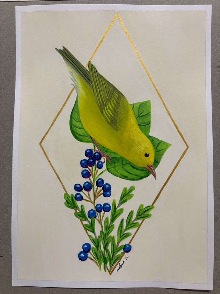 A painting of a yellow-green bird facing downward to the right while standing on a stem of leaves and berries. The bird is all yellow-green except for the deeper green-gray wings. The thin pointy beak and legs are dusty pink. There are round leaves in a cluster of three that extend behind the bird. Below these leaves are dark blue berries in groups of three to six. There are small picks of tiny green oval leaves positioned opposite on the stems to take up space between the berries. There is a thin gold diamond that spans the entire page behind the bird. The background is cream.