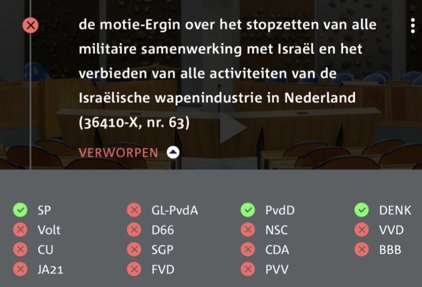 Motie Ergin over het stopzetting van ale militaire samenwerking met Israël en het verbieden van alle activiteiten van de Israëlische wapenindustrie in Nederland. Verworpen. Voor: SP, PvdD, Denk. Tegen: Volt, CU, Ja21, GL-PVDA, D66, SGP, FVD, NSC, CDA, PVV, VVD, BBB